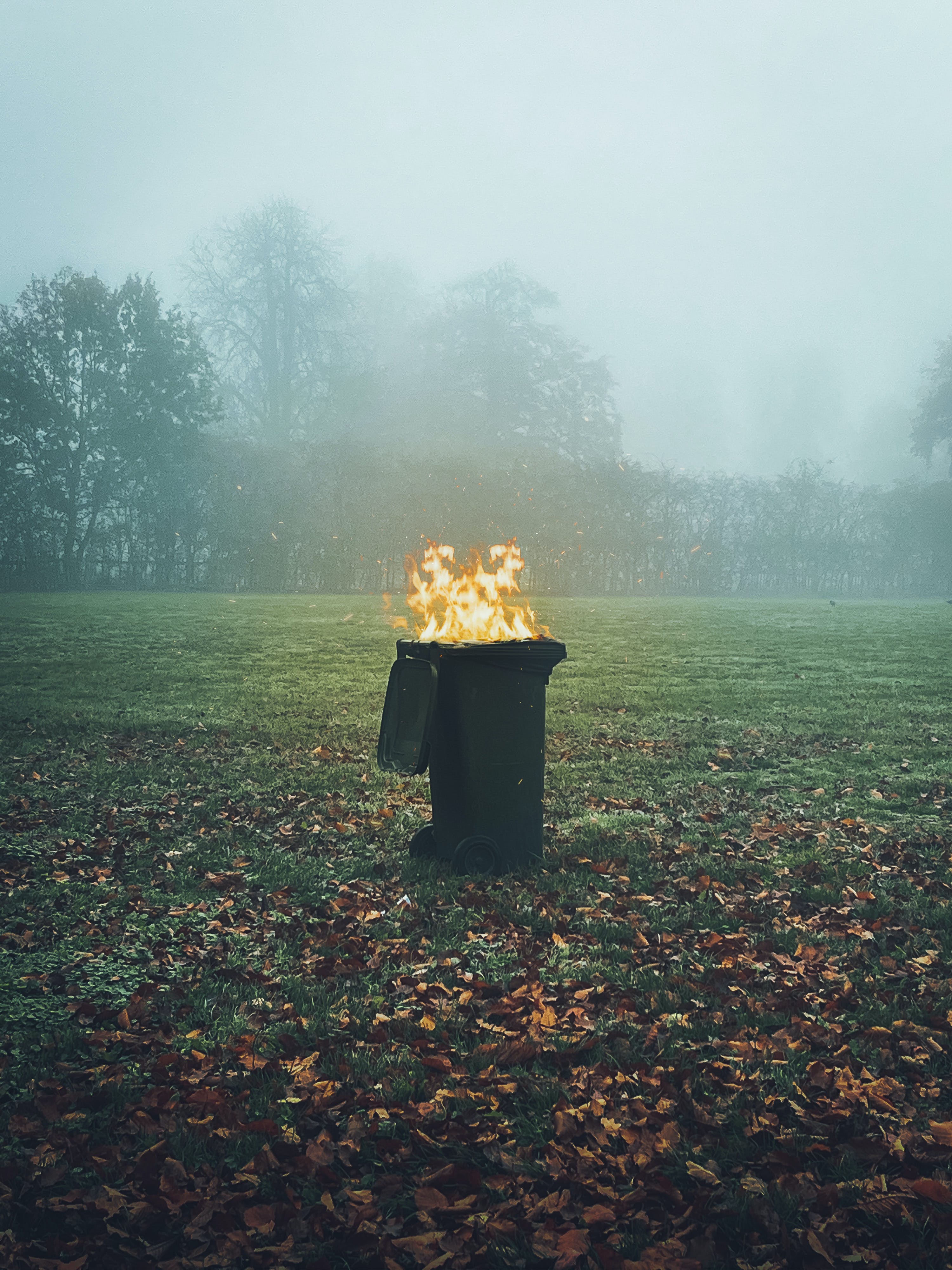 Image of a trash can on fire